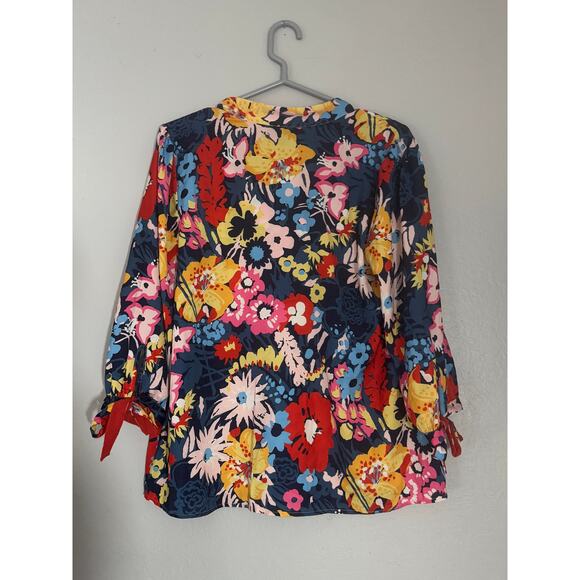 ModCloth Gleeful Again Tie Neck Blouse Womens Large Blue Floral Retro Office - Picture 6 of 11